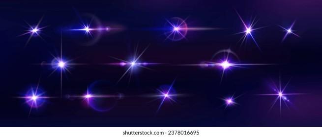 Light glow. Purple spark. Shine star. Bright flare or glitter shiny effect. Glossy glare. Space gleam. Twinkling gold flash. Camera lens sparkle. Starlight rays. Vector exact illuminated elements set