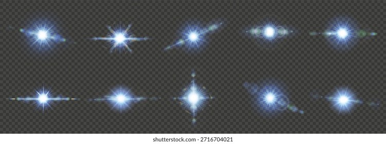 Brillo ligero y brillo efecto realista con destello y brillante conjunto de Vector brillante. Flash de la cámara con rayos y rayos azules, luz solar mágica y energía abstracta. Decoración festiva de destellos de lente y explosión de neón.