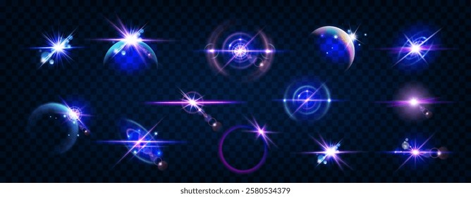 Light glow. Space star icon. Black energy. Neon science flash. Galaxy 3D glitter. Fantasy magic. Twinkling sparkle. Shiny glare effect. Laser lighting. Sparkle futuristic shapes set. Vector background