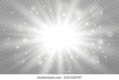 Resplandor ligero. Efecto brillante blanco. Brillo plateado con partículas y bokeh. Estrella brillante con rayos radiales. Concepto de sol brillante. Explosión blanca y polvo. Ilustración vectorial.