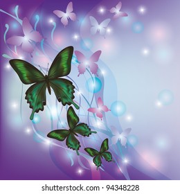 Light glowing abstract background with butterflies, decorated with colorful wave and bubble