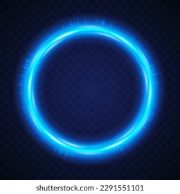 Light glowing blue circle. Round neon frame isolated on transparent dark background. Glass dynamic bubble for text. Radiant twirl beam. Bright flash effect. Fluorescent ring. Vector illustration 