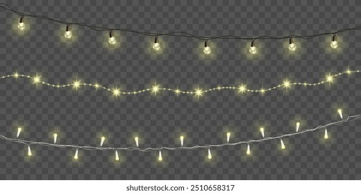Light, glowing bulbs, vector isolated garland strings set. Christmas golden dust, sparkles, stars, led lamps, realistic lights. Decoration transparent design elements for cards, banners, posters.