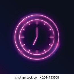 Light glowing clock icon. Neon time symbol, shining watch silhouette, laser fluorescent clock, vector illustration