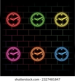 Light glowing clock icon. Neon time symbol, glowing clock silhouette, laser fluorescent clock, vector illustration. many colors.
