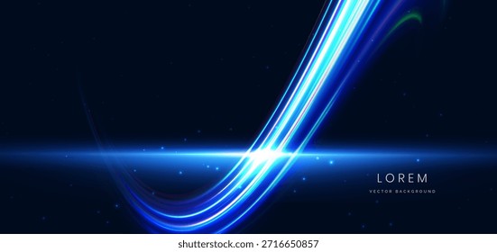 Curva brillante clara sobre fondo oscuro. Movimiento de velocidad futurista, vigas elegantes, tecnología digital. Ilustración vectorial