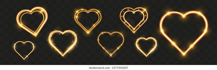 Light glowing golden heart shape with radiant effect on dark background, perfect for Valentine's Day and love themes.