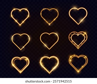 Light glowing golden heart shape with radiant effect on dark background, perfect for Valentine's Day and love themes.