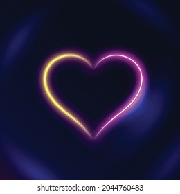 Light glowing heart on dark background. Neon love sign, shine wedding symbol, laser heartbeat sign, fluorescent heart