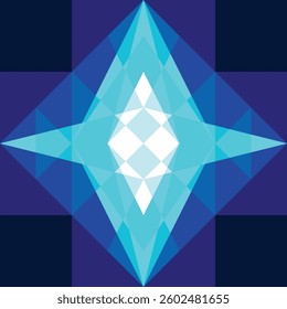 Light glowing portal, flash effect, sacred geometry. Mystical gates. T-shirt print template. Abstract self-luminous magical ultramarine sign. Low poly crystal blue pattern. Vector geometric background
