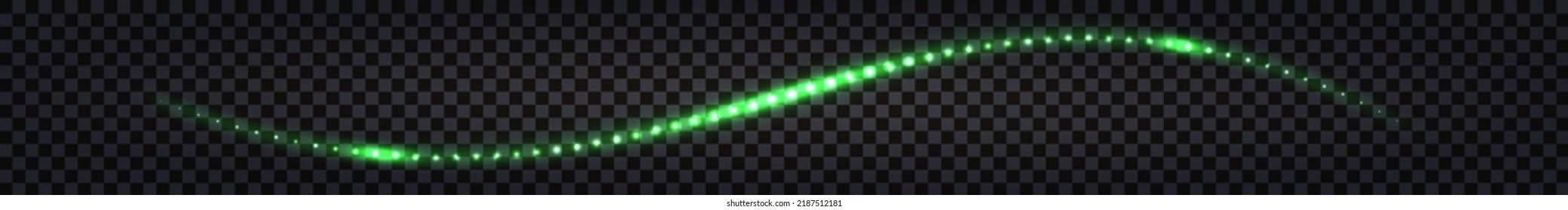 Light glowing wave swirl. Green neon wavy trail, laser beam. Dynamic flying shiny sparks, electric thunder bolt. Isolated on transparent background, vector illustration