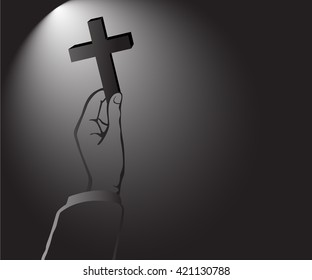 light of God in the dark , hand holding Cross of Christianity vector