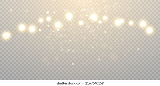 Light gold background with bokeh, falling golden sparks, dusty glitter with blur effect for the design of cards, invitations, congratulations, presentations.