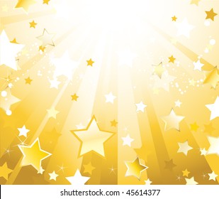 light gold background with illuminated direct rays of gold and sparkling stars, drops of white paint