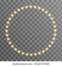 Light gold circle frame. Glitter luxury decoration. Golden bulb border. Lamp banner. Makeup mirror background. Retro neon wall billboard. Cinema, casino design element. Vector illustration.