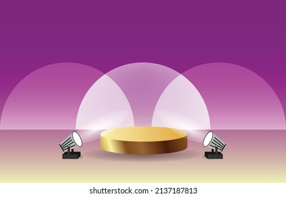 Light gold cylinder pedestal podium. Abstract pastel purple minimal wall scene.  Vector rendering 3d geometric shape for product display presentation.