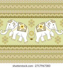 Patrón sin costuras de damasco dorado claro con elefantes en estilo étnico oriental. Ilustración vectorial. Patrón étnico tailandés. Ideas para el Fondo de pantalla, bordes elaborados, tapices y textiles.