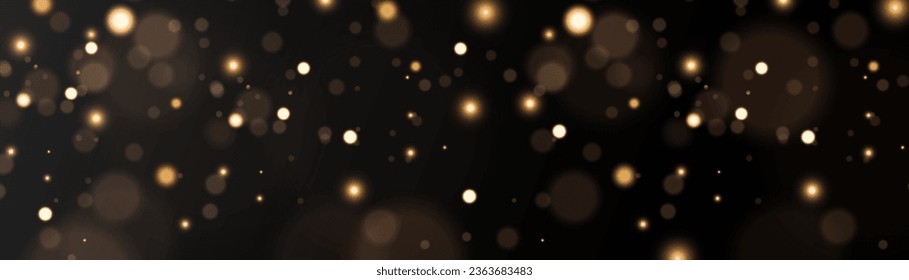 The light of gold dust. bokeh light effect background png. Christmas glowing dust background. Yellow flickering glow with confetti bokeh light and particle motion.