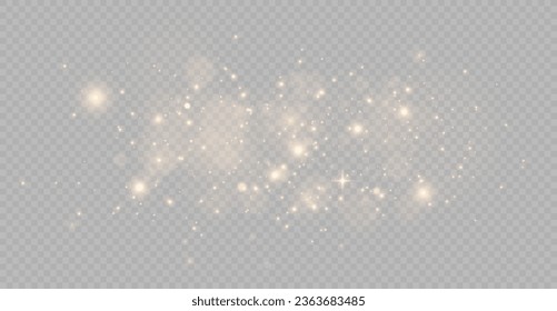 The light of gold dust. bokeh light effect background png. Christmas glowing dust background. Yellow flickering glow with confetti bokeh light and particle motion.