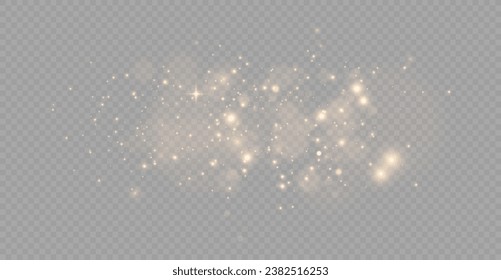 The light of gold dust. bokeh light effect background. Christmas glowing dust background. Yellow flickering glow with confetti bokeh light and particle motion. The dust sparks and golden stars shine. 