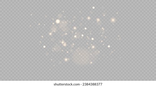 The light of gold dust. bokeh light effect background. Christmas glowing dust background. Yellow flickering glow with confetti bokeh light and particle motion. The dust sparks and golden stars shine. 