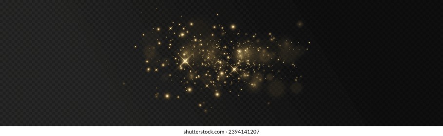 The light of gold dust, bokeh light effect background. Christmas glowing dust background, Yellow flickering glow with confetti bokeh light and particle motion. The dust sparks and golden stars shine.