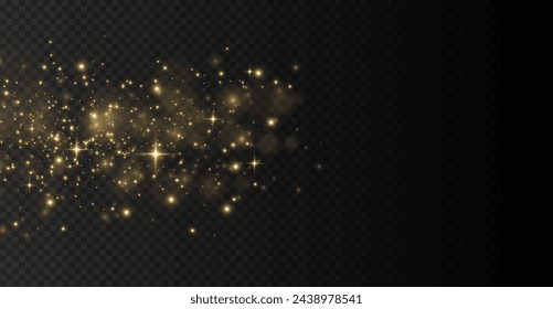 The light of gold dust. bokeh light effect background png. Christmas glowing dust background. Yellow flickering glow with confetti bokeh light and particle motion.	