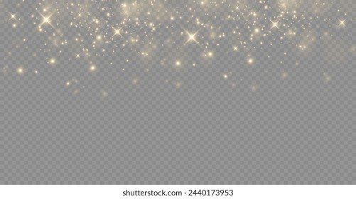 The light of gold dust. bokeh light effect background png. Christmas glowing dust background. Yellow flickering glow with confetti bokeh light and particle motion.	