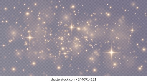 The light of gold dust. bokeh light effect background png. Christmas glowing dust background. Yellow flickering glow with confetti bokeh light and particle motion.	