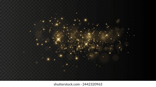 The light of gold dust. bokeh light effect background png. Christmas glowing dust background. Yellow flickering glow with confetti bokeh light and particle motion.	