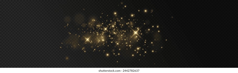 The light of gold dust. bokeh light effect background png. Christmas glowing dust background. Yellow flickering glow with confetti bokeh light and particle motion.	