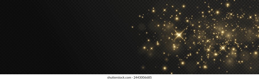 The light of gold dust. bokeh light effect background png. Christmas glowing dust background. Yellow flickering glow with confetti bokeh light and particle motion.	