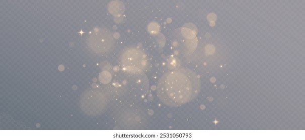 Light of gold dust. Bokeh light effect background png. A gorgeous Christmas glowing dust background. A beautiful yellow flickering glow with confetti bokeh light and particle motion.