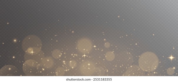 Luz de polvo de oro. Fondo de efecto de luz Bokeh png. Un hermoso fondo de Navidades brillantes. Un hermoso resplandor parpadeante amarillo con luz bokeh de confeti y movimiento de partículas.