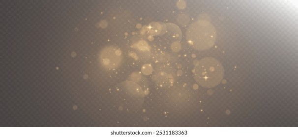 Light of gold dust. Bokeh light effect background png. A gorgeous Christmas glowing dust background. A beautiful yellow flickering glow with confetti bokeh light and particle motion.