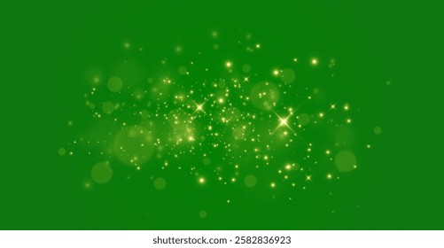 The light of gold dust, bokeh light effect background. Christmas glowing dust background, Yellow flickering glow with confetti bokeh light and particle motion. The dust sparks and golden stars shine.