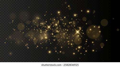 The light of gold dust, bokeh light effect background. Christmas glowing dust background, Yellow flickering glow with confetti bokeh light and particle motion. The dust sparks and golden stars shine.