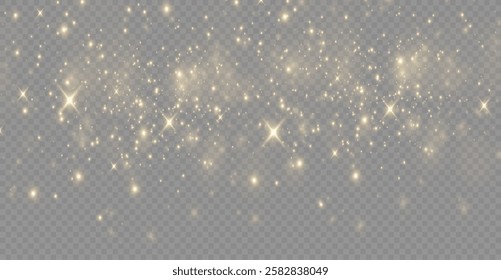 The light of gold dust, bokeh light effect background. Christmas glowing dust background, Yellow flickering glow with confetti bokeh light and particle motion. The dust sparks and golden stars shine.