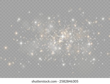 The light of gold dust, bokeh light effect background. Christmas glowing dust background, Yellow flickering glow with confetti bokeh light and particle motion. The dust sparks and golden stars shine.