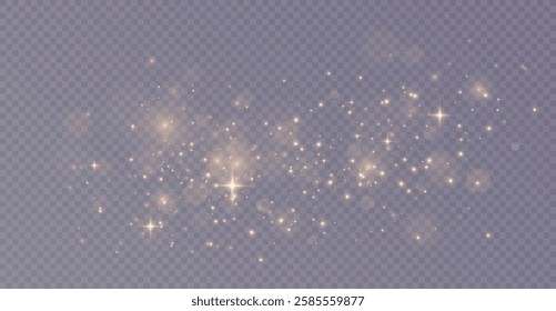 The light of gold dust, bokeh light effect background. Christmas glowing dust background, Yellow flickering glow with confetti bokeh light and particle motion. The dust sparks and golden stars shine.