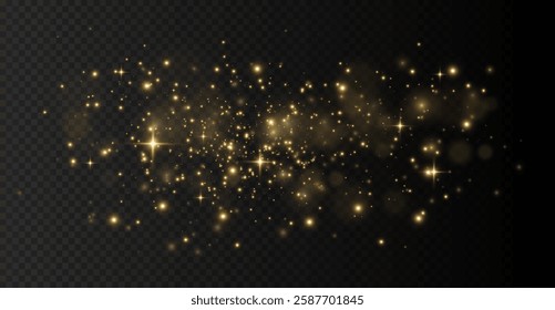 The light of gold dust, bokeh light effect background. Christmas glowing dust background, Yellow flickering glow with confetti bokeh light and particle motion. The dust sparks and golden stars shine.