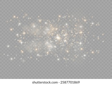 The light of gold dust, bokeh light effect background. Christmas glowing dust background, Yellow flickering glow with confetti bokeh light and particle motion. The dust sparks and golden stars shine.