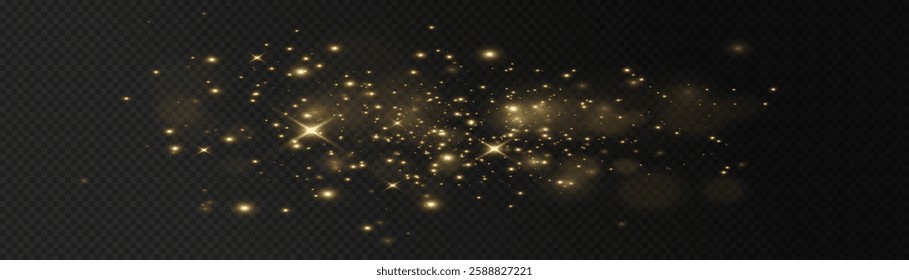 The light of gold dust, bokeh light effect background. Christmas glowing dust background, Yellow flickering glow with confetti bokeh light and particle motion. The dust sparks and golden stars shine.