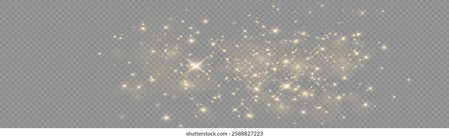 The light of gold dust, bokeh light effect background. Christmas glowing dust background, Yellow flickering glow with confetti bokeh light and particle motion. The dust sparks and golden stars shine.