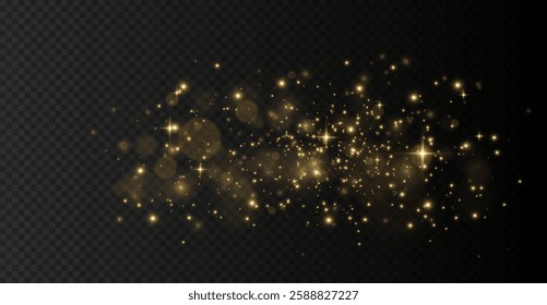 The light of gold dust, bokeh light effect background. Christmas glowing dust background, Yellow flickering glow with confetti bokeh light and particle motion. The dust sparks and golden stars shine.