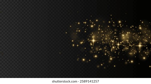 The light of gold dust, bokeh light effect background. Christmas glowing dust background, Yellow flickering glow with confetti bokeh light and particle motion. The dust sparks and golden stars shine.