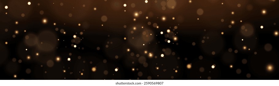 The light of gold dust, bokeh light effect background. Christmas glowing dust background, Yellow flickering glow with confetti bokeh light and particle motion. The dust sparks and golden stars shine.