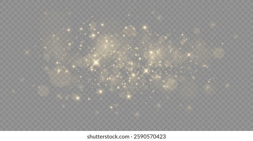 The light of gold dust, bokeh light effect background. Christmas glowing dust background, Yellow flickering glow with confetti bokeh light and particle motion. The dust sparks and golden stars shine.