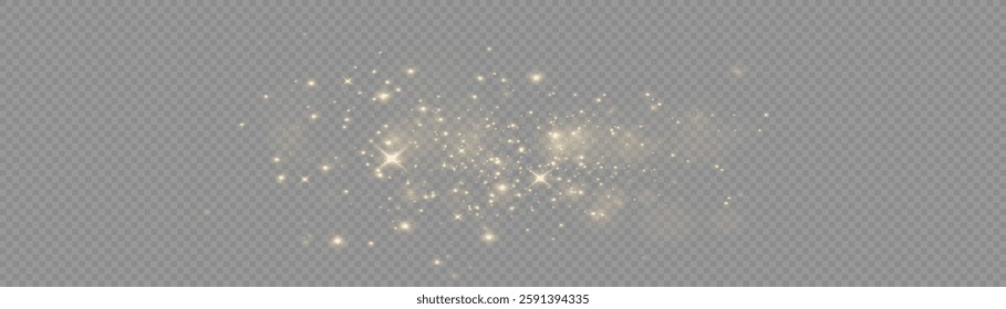 The light of gold dust, bokeh light effect background. Christmas glowing dust background, Yellow flickering glow with confetti bokeh light and particle motion. The dust sparks and golden stars shine.