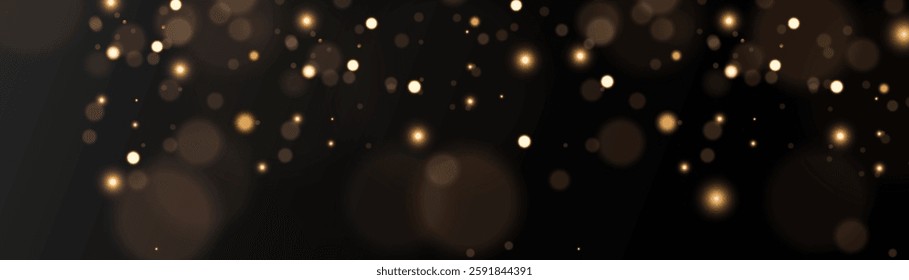 The light of gold dust, bokeh light effect background. Christmas glowing dust background, Yellow flickering glow with confetti bokeh light and particle motion. The dust sparks and golden stars shine.